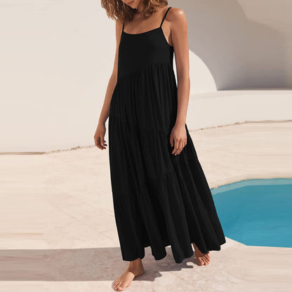 Women Fashion Casual Solid Color Sling Creased Maxi Dress