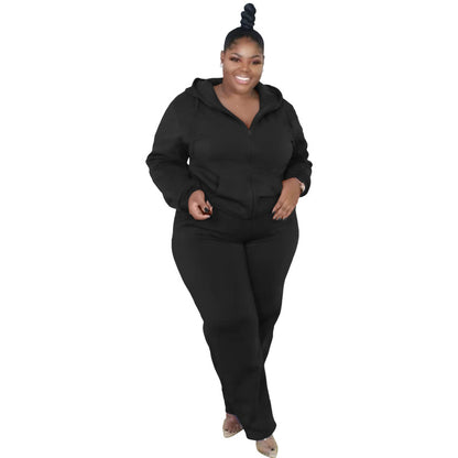 Conjunto de dos piezas de sudadera con capucha y pantalones de manga larga con cremallera y talla grande de color liso informal para mujer