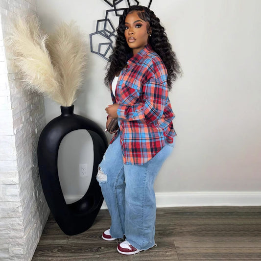 Women Fashion Casual Multicolor Plaid Lapel Single Breasted Long-Sleeve Blouse