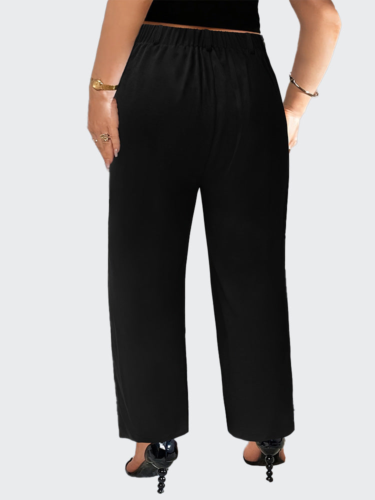 Women Casual Plus Size Solid Color High Waist Wide-Leg Pants