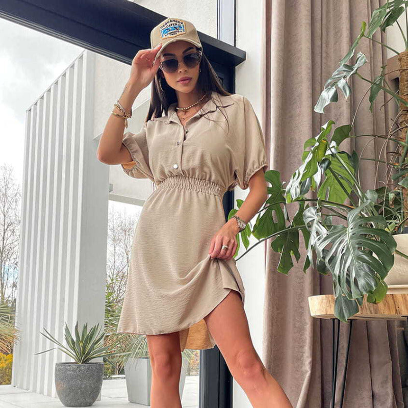 Vestido informal de manga corta con solapa y botonadura sencilla de color liso para mujer