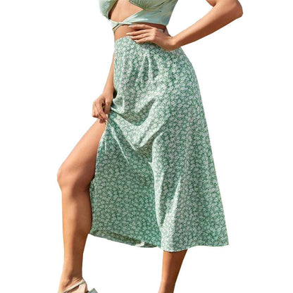 Women Fashion Casual Tiny Flower Printing Slit Skirt