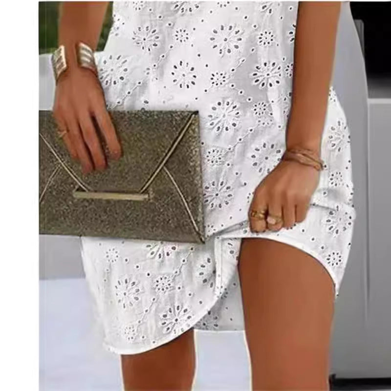 Women Fashion Casual Embroidery Hollow-Out V-Neck Sleeveless Lace-Up Dress