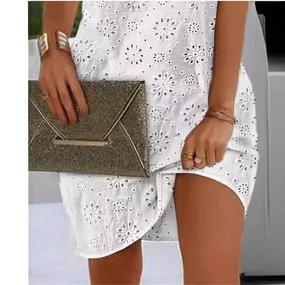 Women Fashion Casual Embroidery Hollow-Out V-Neck Sleeveless Lace-Up Dress
