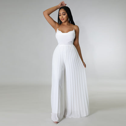 Summer Women Casual Solid Color Chain Strap Backless Pleated Wide Leg Jumpsuits