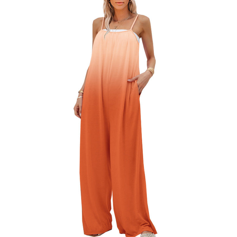 Summer Vacation Women Casual Gradient Loose Sleeveless High Waist Strap Jumpsuit