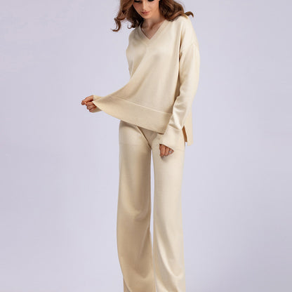 Autumn Winter Women Fashion Loose Casual Solid Color Sweater Pants Two-Piece Set