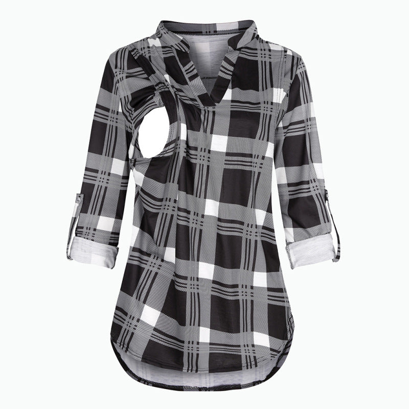 Pregnant Women Fashion Casual V-Neck Plaid Print Breastfeeding Long Sleeve Top