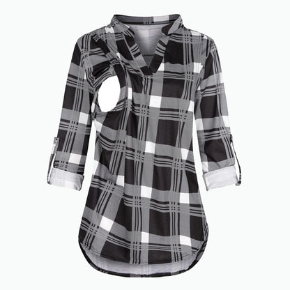Pregnant Women Fashion Casual V-Neck Plaid Print Breastfeeding Long Sleeve Top