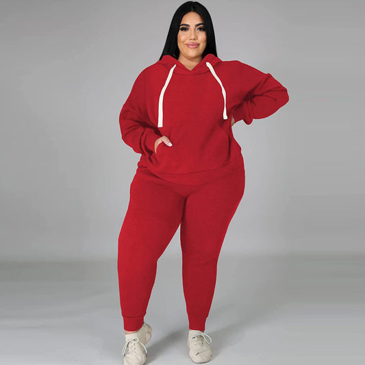 Women Fashion Casual Plus Size Long Sleeve Hooded Sweatshirt Pants Two-Piece Set