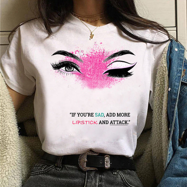 Camiseta informal de manga corta con estampado de ojos para mujer