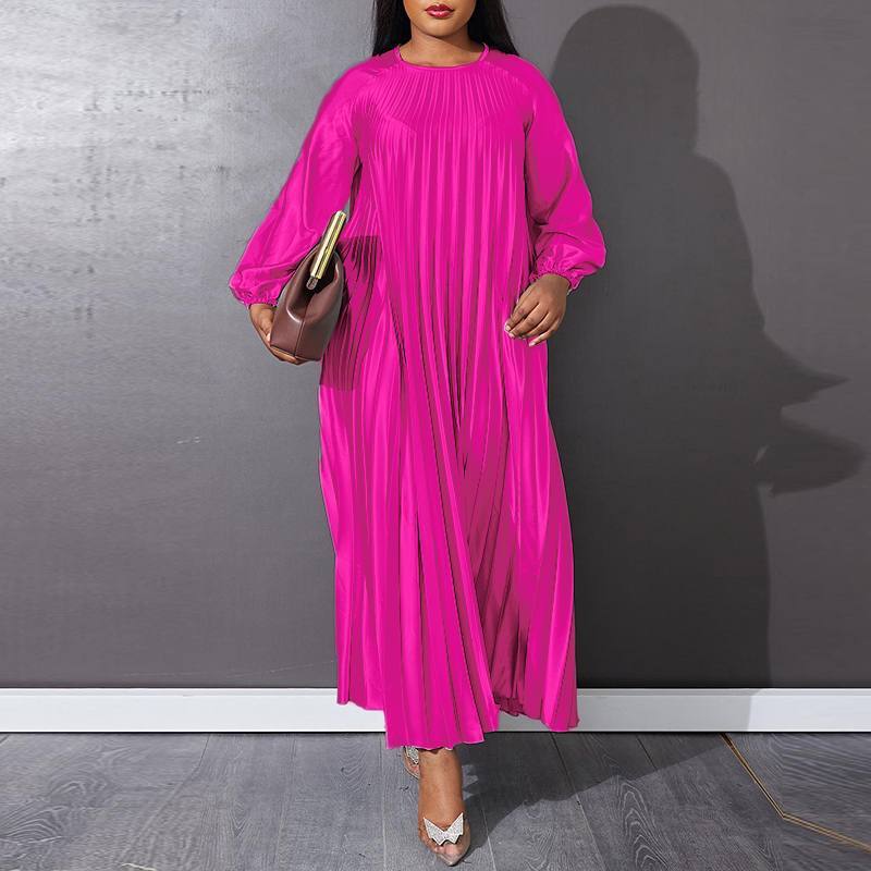 Vestido plisado informal de manga larga, holgado, de color liso y talla grande para mujer