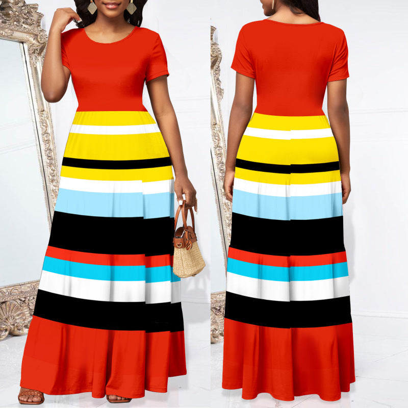 Women Casual Short Sleeve Color Blocking Stripe Round Neck Maxi Dress