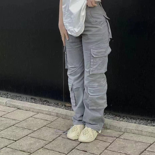 Pantalones cargo holgados de cintura baja informales de color liso a la moda para mujer