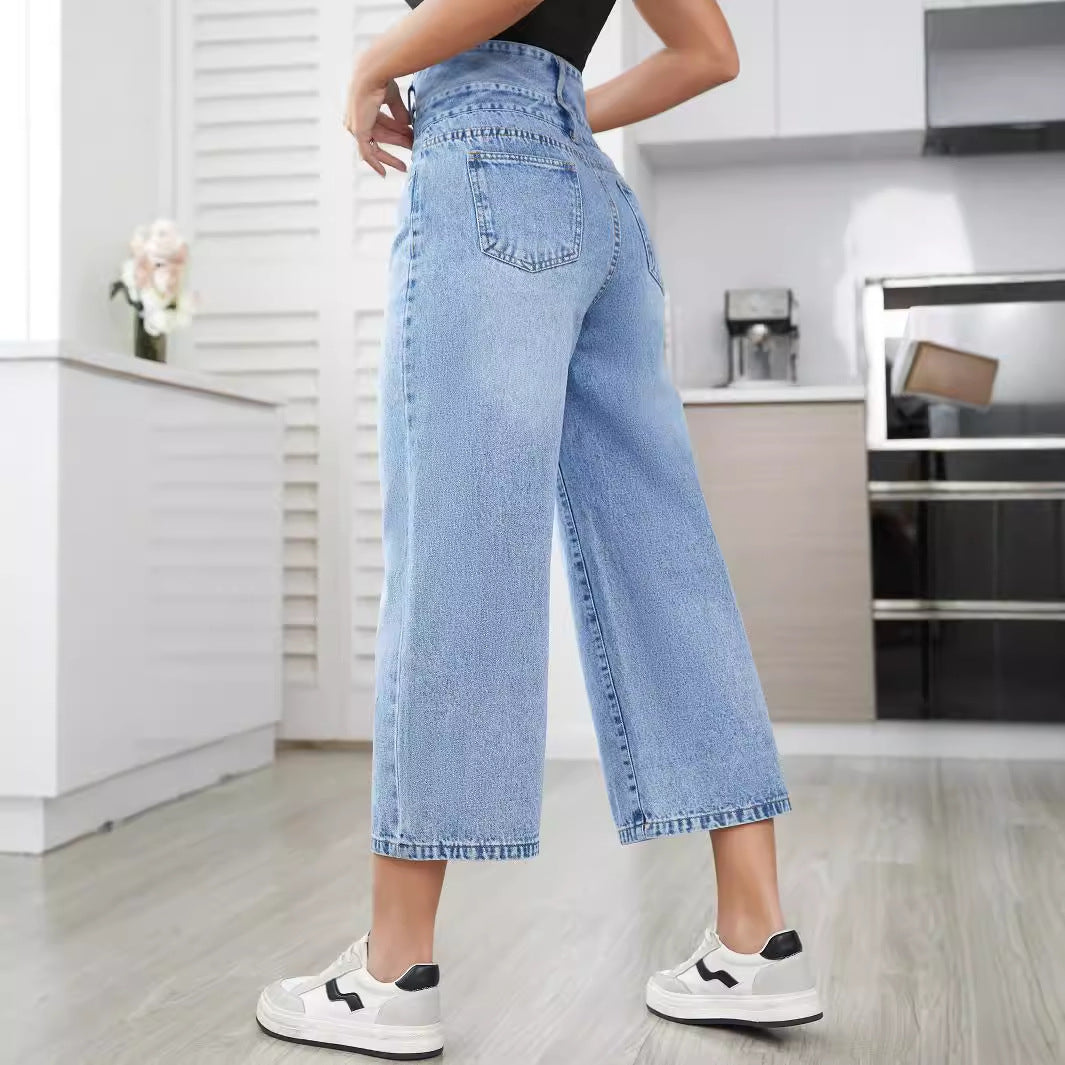 Vaqueros rectos de cintura alta informales a la moda para mujer