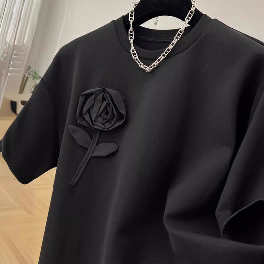 Camisetas casuales de algodón con cuello redondo y flores para mujer