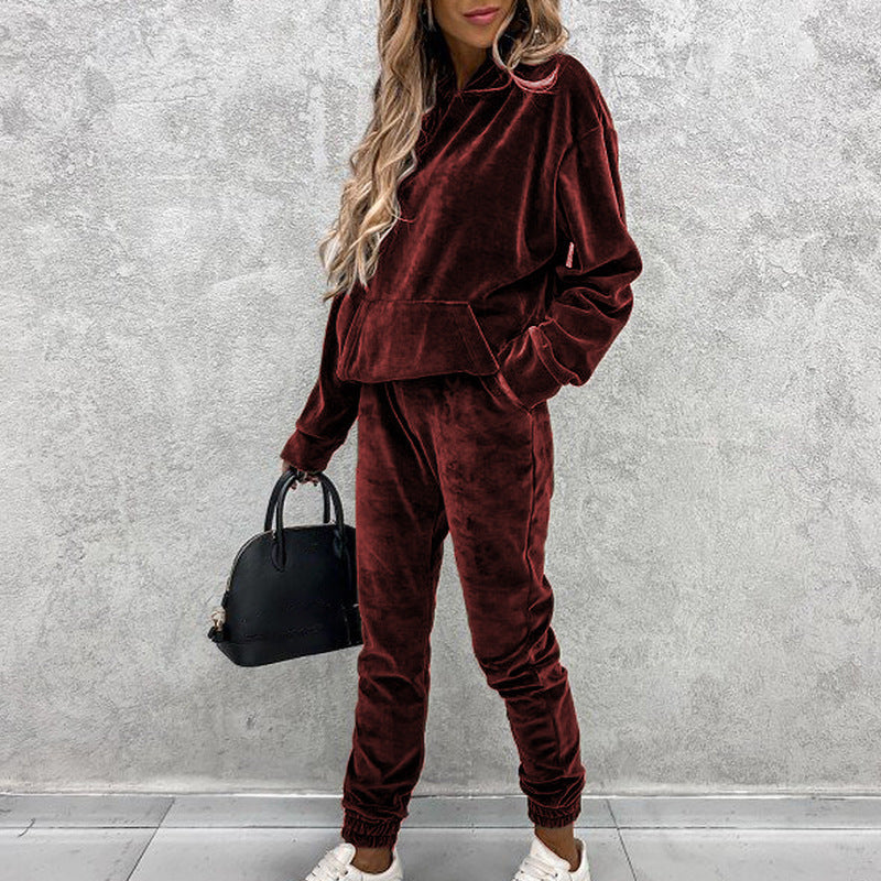 Conjunto de dos piezas informal holgado con capucha y pantalones de manga larga de color liso para mujer