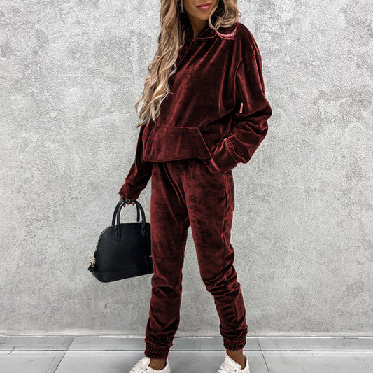Conjunto de dos piezas informal holgado con capucha y pantalones de manga larga de color liso para mujer