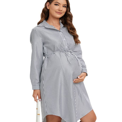 Vestido de maternidad informal con solapa y manga larga a rayas