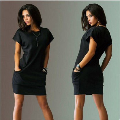 Women Fashion Casual Solid Color Pocket Short Sleeve Dress