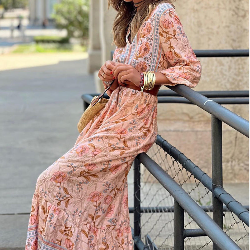 Women Fashion Casual Boho Print Long-Sleeve V-Neck Dress