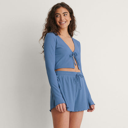 Conjunto de pijama informal de manga larga con tirantes y parte superior con pantalones cortos para el hogar para mujer