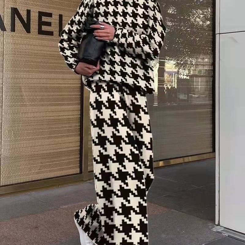 Conjunto de dos piezas de suéter y pantalón con estampado de pata de gallo para mujer
