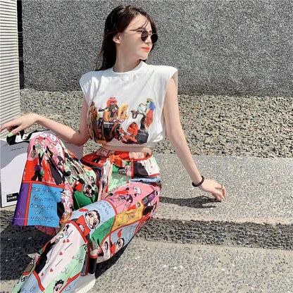 Conjunto de camiseta corta sin mangas con estampado informal para mujer y pantalones anchos