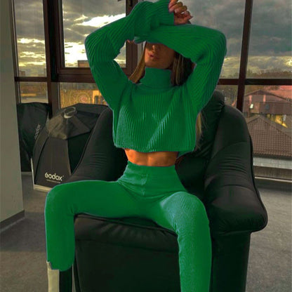 Conjunto de dos piezas de top y pantalón de punto de manga larga con cuello alto y color liso informal para mujer