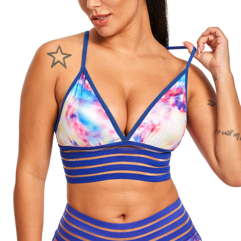 Sujetador camisola deportivo informal para mujer, con estampado de yoga y fitness, de encaje, sexy y con espalda descubierta
