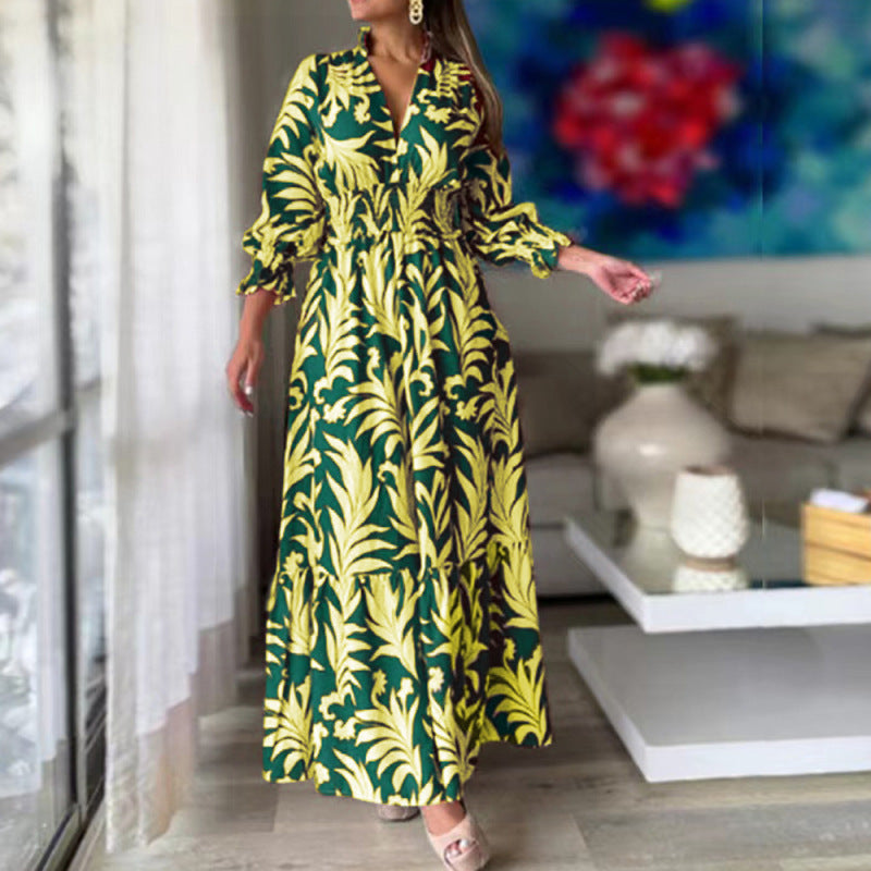 Vestido elegante informal de verano para mujer, con escote en V, estampado floral y volantes, de manga larga