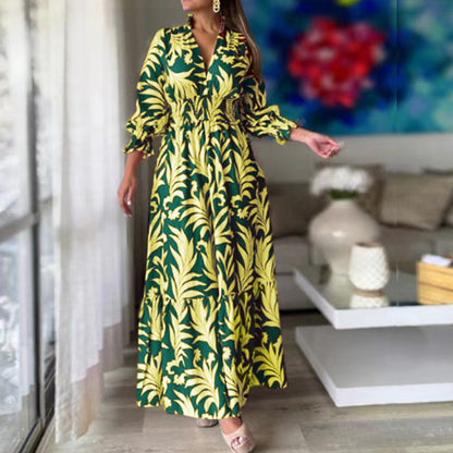Vestido elegante informal de verano para mujer, con escote en V, estampado floral y volantes, de manga larga