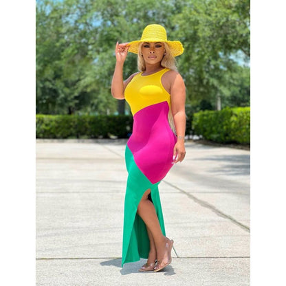 Women Fashion Sexy Casual Round Neck Sleeveless Printed Side Slit Tank Dress