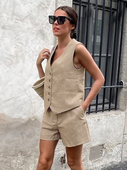 Conjunto de dos piezas formado por blazer, chaleco y pantalones cortos, informal, sin mangas, para mujer