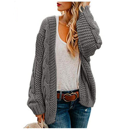 Suéter cárdigan de punto suelto de color sólido de longitud media informal para mujer de moda de invierno y otoño