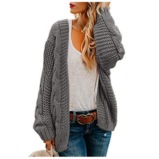 Suéter cárdigan de punto suelto de color sólido de longitud media informal para mujer de moda de invierno y otoño