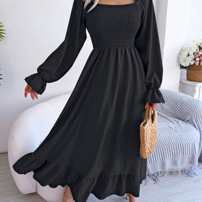 Women Fashion Casual Square Collar Large Ruffled Maxi Dress