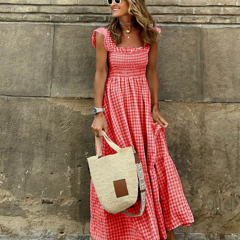 Vestido largo informal con cuello cuadrado y estampado a cuadros para mujer, sin mangas