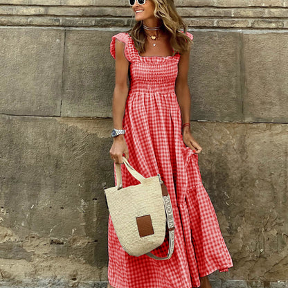 Vestido largo informal con cuello cuadrado y estampado a cuadros para mujer, sin mangas