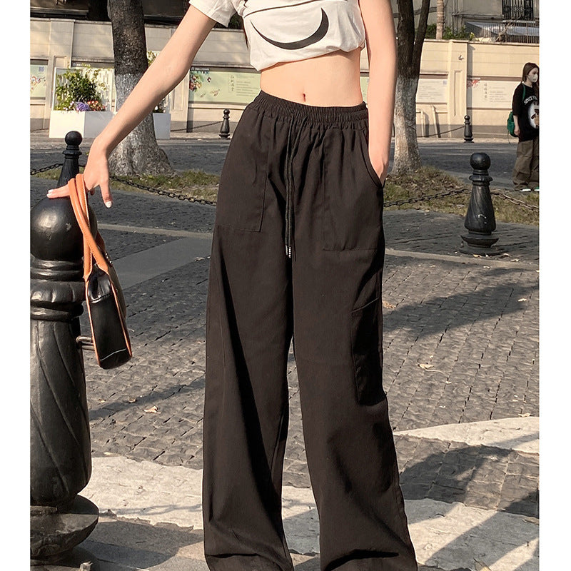 Women Fashion Casual Loose Elastic High Waist Straight Leg Cargo Pants