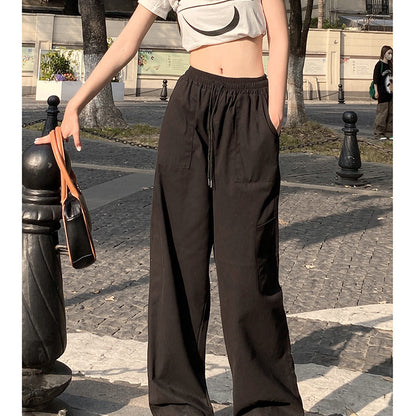 Women Fashion Casual Loose Elastic High Waist Straight Leg Cargo Pants