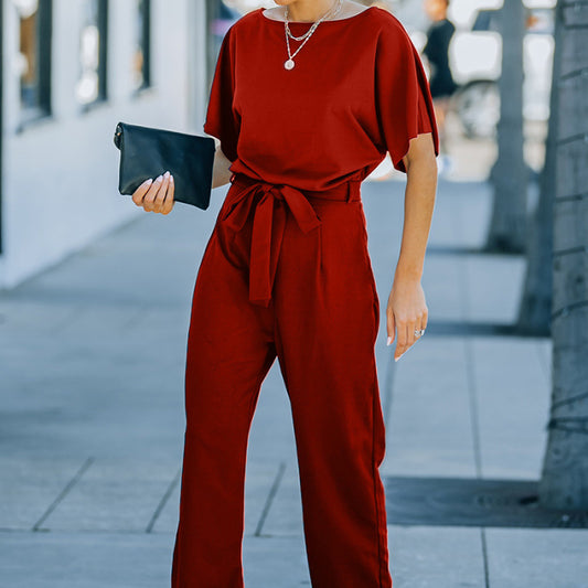 Women Fashion Casual Solid Color Round Neck Short Sleeve High Waist Wide Leg Lace Up Jumpsuit