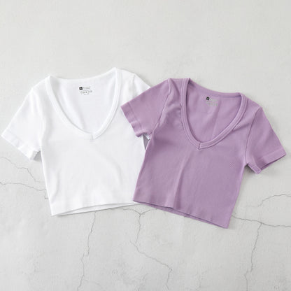 Women Fashion Casual Solid Color V-Neck Short-Sleeve Seamless Yoga Sports T-Shirt