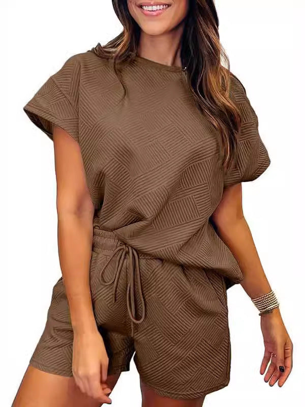 Conjunto de dos piezas informal para mujer, color liso, cuello redondo, manga corta, pantalones cortos con cordones