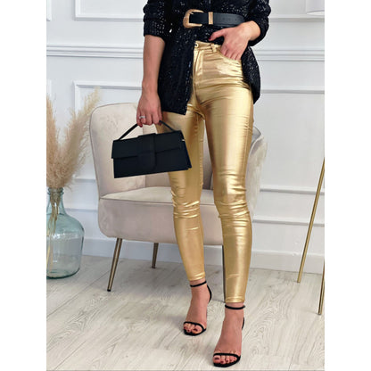 Pantalones ajustados casuales con diseño de bolsillo ajustado metálico sólido para mujer