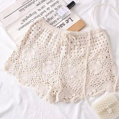 Women Loose Casual Crochet Knitted Solid Color Middle Waist Shorts