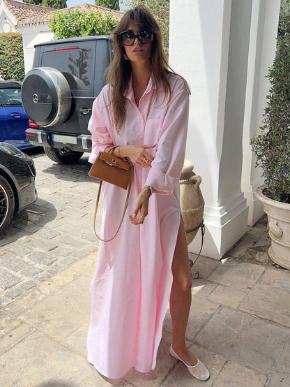 Women Casual Loose Solid Color Lapel Split Cotton Dress