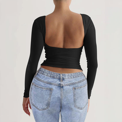 Camiseta informal de manga larga con cuello redondo y espalda descubierta para mujer
