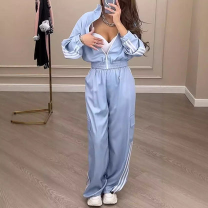 Conjunto de sudadera y pantalones casuales de moda para mujer, estilo deportivo, a rayas, de manga larga y con cremallera, para invierno y otoño