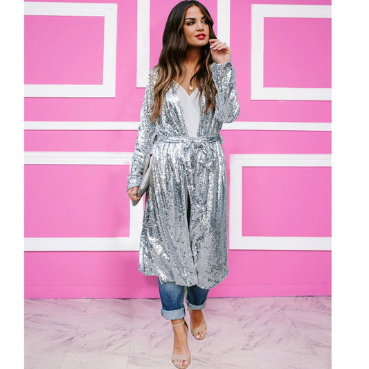 Chaqueta larga informal con lentejuelas plateadas y cinturón para mujer